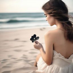 A romantic scene for a book cover featuring the back view of a girl sitting on a beach with black and sand-colored tones