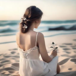 A romantic scene for a book cover featuring the back view of a girl sitting on a beach with black and sand-colored tones