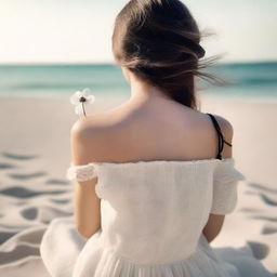 A romantic scene for a book cover featuring the back view of a girl sitting on a beach with black and sand-colored tones