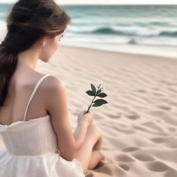 A romantic scene for a book cover featuring the back view of a girl sitting on a beach with black and sand-colored tones