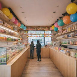 A colorful, cheerful bubble tea shop, with wide windows, vibrant decorations, shelves full of assorted tea jars, and customers enjoying their delicious beverages.