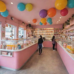 A colorful, cheerful bubble tea shop, with wide windows, vibrant decorations, shelves full of assorted tea jars, and customers enjoying their delicious beverages.