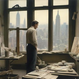 A painter in 1920s New York, standing in his studio filled with canvases and paint supplies, intensely working on a painting depicting scenes of war