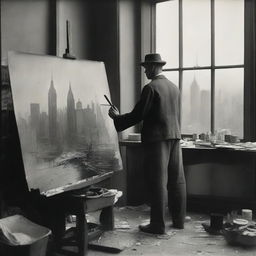 A painter in 1920s New York, standing in his studio filled with canvases and paint supplies, intensely working on a painting depicting scenes of war