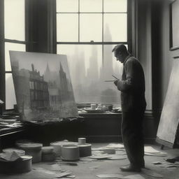 A painter in 1920s New York, standing in his studio filled with canvases and paint supplies, intensely working on a painting depicting scenes of war