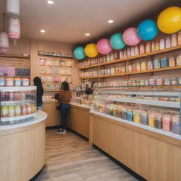 A colorful, cheerful bubble tea shop, with wide windows, vibrant decorations, shelves full of assorted tea jars, and customers enjoying their delicious beverages.