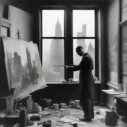 A painter in 1920s New York, standing in his studio filled with canvases and paint supplies, intensely working on a painting depicting scenes of war
