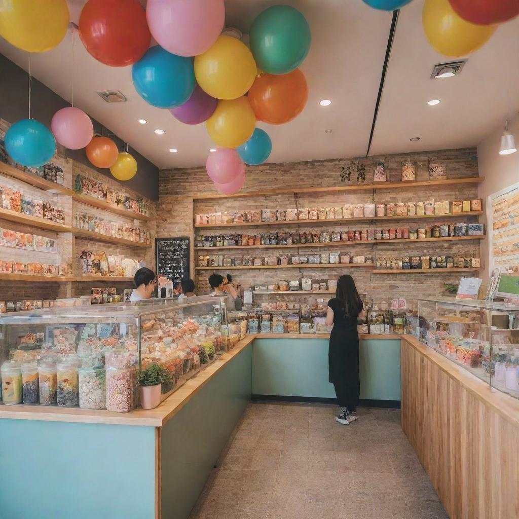 A colorful, cheerful bubble tea shop, with wide windows, vibrant decorations, shelves full of assorted tea jars, and customers enjoying their delicious beverages.