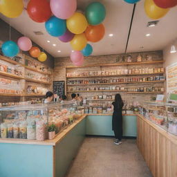 A colorful, cheerful bubble tea shop, with wide windows, vibrant decorations, shelves full of assorted tea jars, and customers enjoying their delicious beverages.