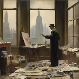 An artist in 1920s New York City, standing in a studio filled with canvases and paint supplies, passionately painting scenes of war