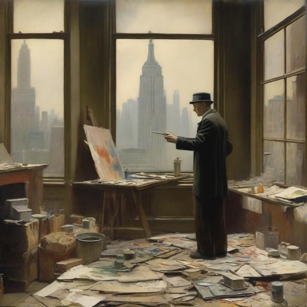 An artist in 1920s New York City, standing in a studio filled with canvases and paint supplies, passionately painting scenes of war