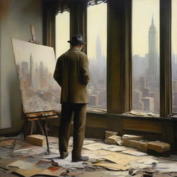 An artist in 1920s New York City, standing in a studio filled with canvases and paint supplies, passionately painting scenes of war