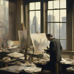 An artist in 1920s New York City, standing in a studio filled with canvases and paint supplies, passionately painting scenes of war