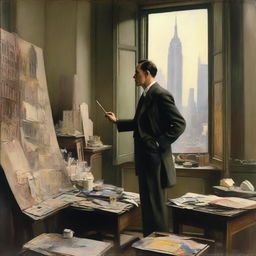 An artist in 1920s New York City, standing in a studio filled with canvases and paint supplies, passionately painting scenes of war