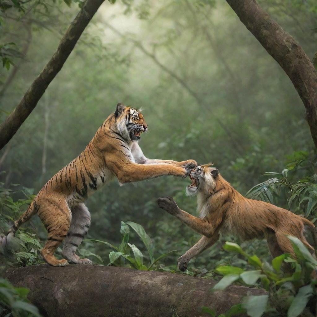 A ferocious tiger and a playful langur monkey interacting in a dense, lush jungle environment.