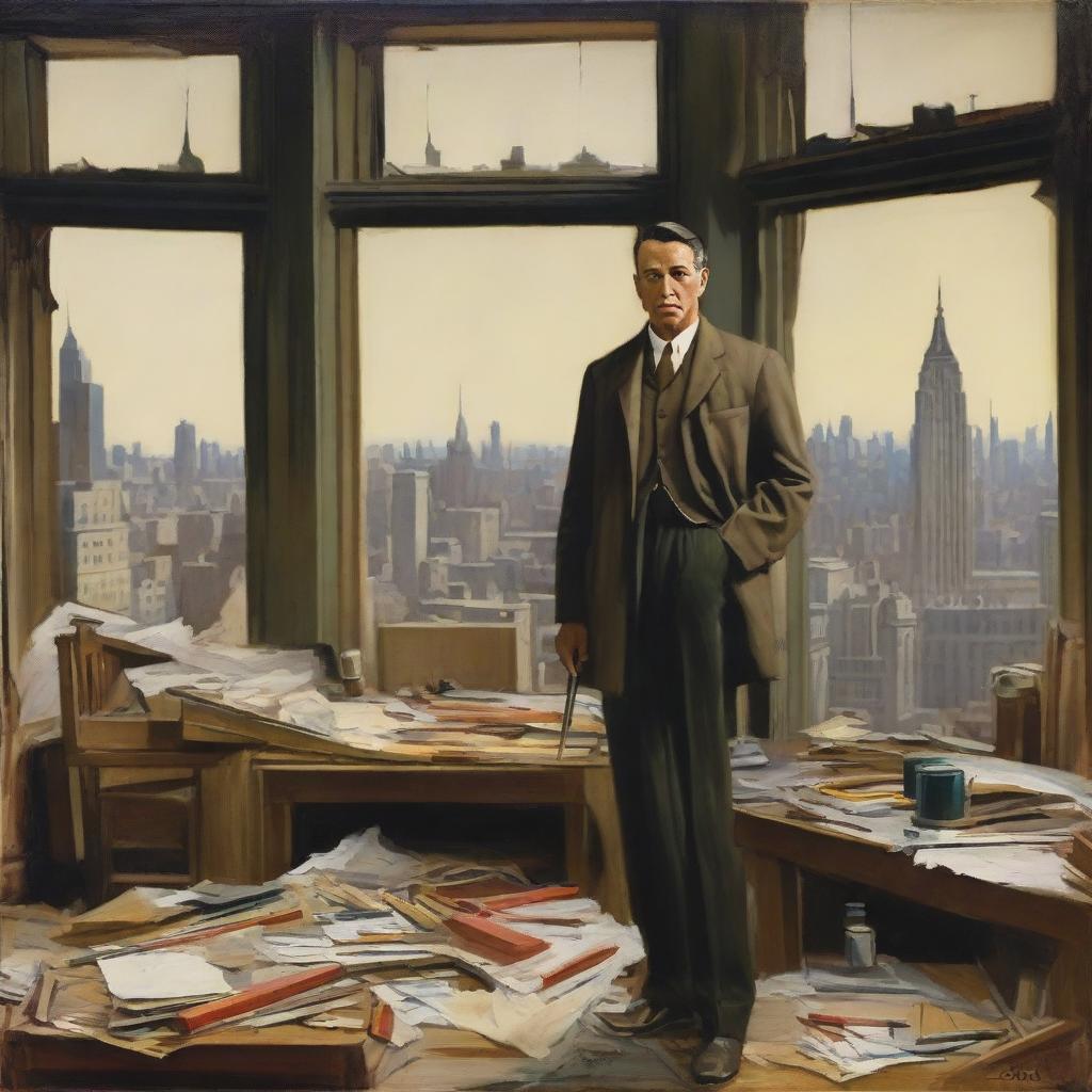 An artist in 1920s New York City, standing in a spacious studio filled with canvases, paint supplies, and unfinished works, intensely painting scenes of war