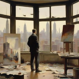 An artist in 1920s New York City, standing in a spacious studio filled with canvases, paint supplies, and unfinished works, intensely painting scenes of war