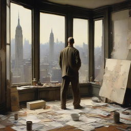An artist in 1920s New York City, standing in a spacious studio filled with canvases, paint supplies, and unfinished works, intensely painting scenes of war