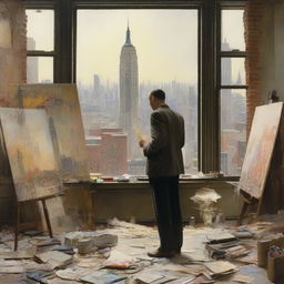 An artist in 1920s New York City, standing in a spacious studio filled with canvases, paint supplies, and unfinished works, intensely painting scenes of war