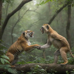 A ferocious tiger and a playful langur monkey interacting in a dense, lush jungle environment.