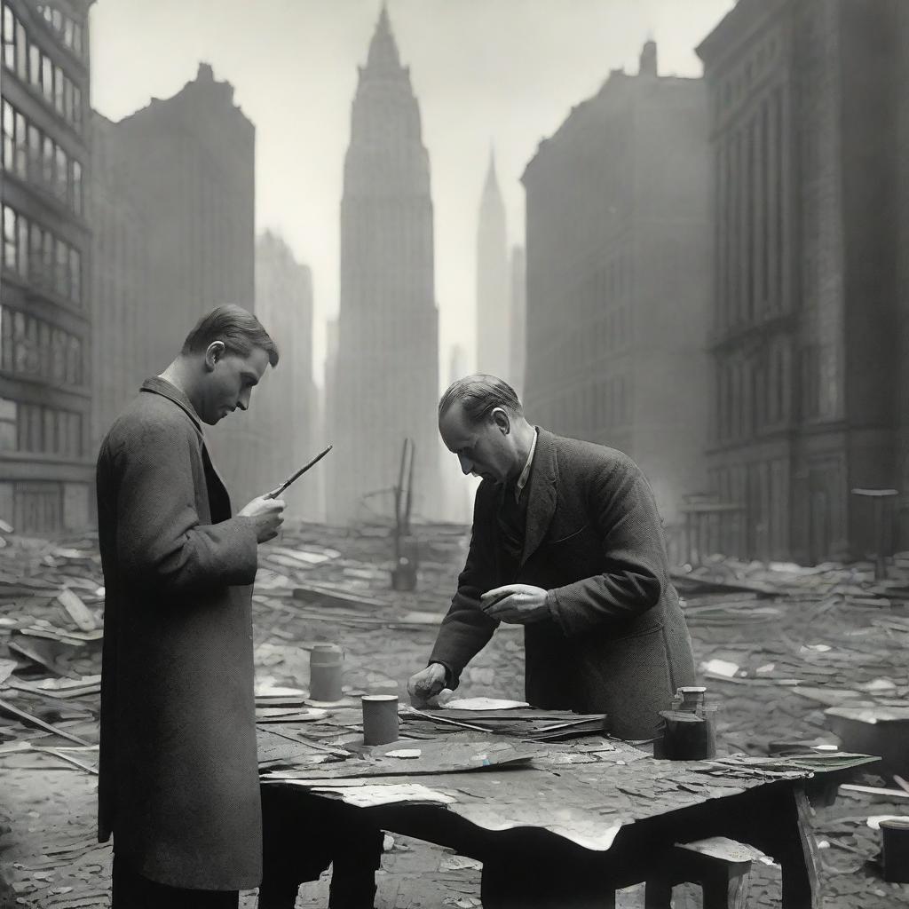 An artist in the 1920s, standing in a studio filled with canvases and paint supplies, passionately painting a wartorn New York City