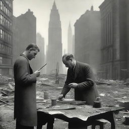 An artist in the 1920s, standing in a studio filled with canvases and paint supplies, passionately painting a wartorn New York City