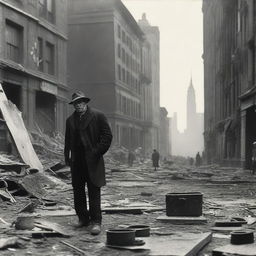 An artist in the 1920s, standing in a studio filled with canvases and paint supplies, passionately painting a wartorn New York City
