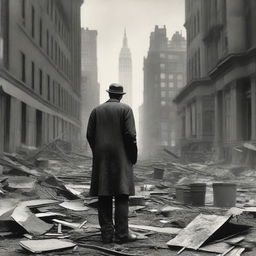 An artist in the 1920s, standing in a studio filled with canvases and paint supplies, passionately painting a wartorn New York City