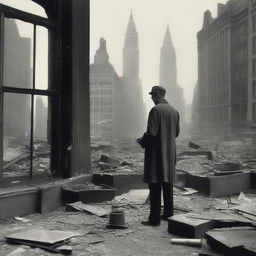 An artist in the 1920s, standing in a studio filled with canvases and paint supplies, passionately painting a wartorn New York City