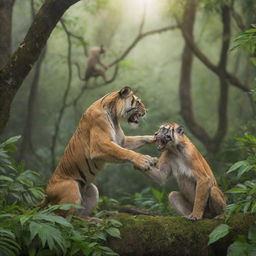 A ferocious tiger and a playful langur monkey interacting in a dense, lush jungle environment.