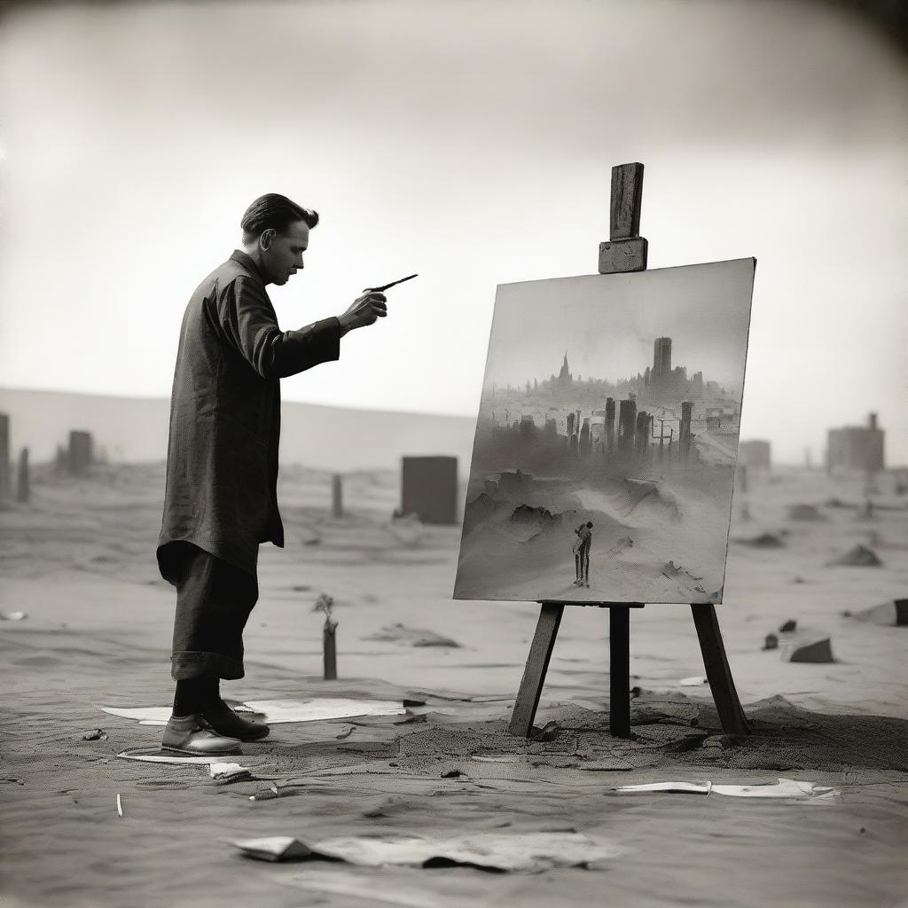An artist in the 1920s, standing in a makeshift studio set up in the desert, surrounded by sand dunes and sparse vegetation