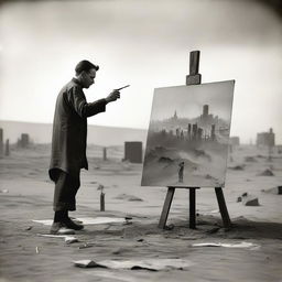 An artist in the 1920s, standing in a makeshift studio set up in the desert, surrounded by sand dunes and sparse vegetation