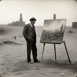 An artist in the 1920s, standing in a makeshift studio set up in the desert, surrounded by sand dunes and sparse vegetation