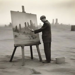 An artist in the 1920s, standing in a makeshift studio set up in the desert, surrounded by sand dunes and sparse vegetation