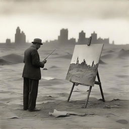 An artist in the 1920s, standing in a makeshift studio set up in the desert, surrounded by sand dunes and sparse vegetation