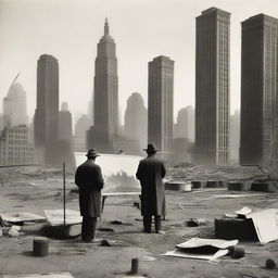An artist in the 1920s, standing in a studio filled with canvases and paint supplies, passionately painting a surreal scene of wartorn New York skyscrapers in a vast desert
