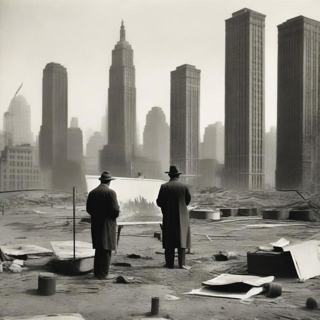 An artist in the 1920s, standing in a studio filled with canvases and paint supplies, passionately painting a surreal scene of wartorn New York skyscrapers in a vast desert