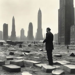 An artist in the 1920s, standing in a studio filled with canvases and paint supplies, passionately painting a surreal scene of wartorn New York skyscrapers in a vast desert