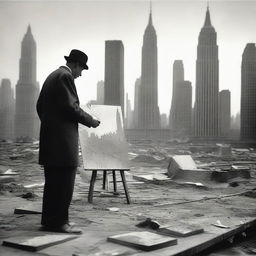 An artist in the 1920s, standing in a studio filled with canvases and paint supplies, passionately painting a surreal scene of wartorn New York skyscrapers in a vast desert