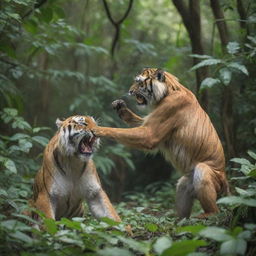 A ferocious tiger and a playful langur monkey interacting in a dense, lush jungle environment.