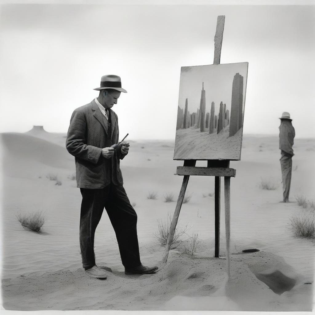 A male war artist in the 1920s, standing in an open-air studio set up in the desert, surrounded by sand dunes and sparse vegetation