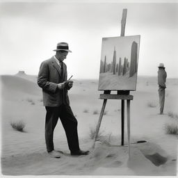A male war artist in the 1920s, standing in an open-air studio set up in the desert, surrounded by sand dunes and sparse vegetation