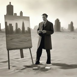 A male war artist in the 1920s, standing in an open-air studio set up in the desert, surrounded by sand dunes and sparse vegetation