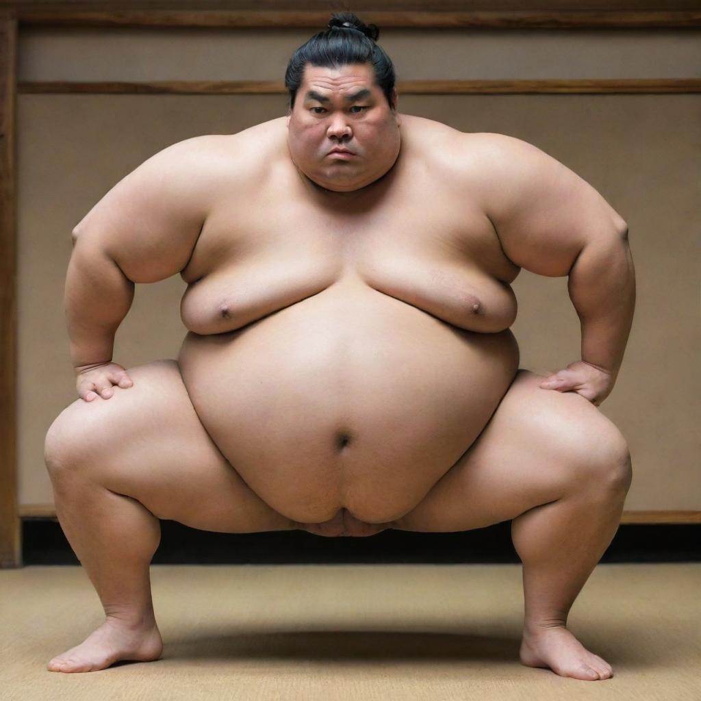 A sumo wrestler of considerable size in traditional mawashi, in the midst of a powerful and determined stance, filled with an imposing presence.