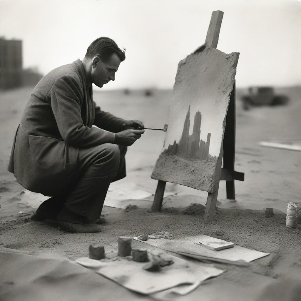 A male war artist from the 1920s, set up in a makeshift studio in the desert during World War I