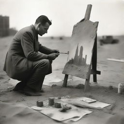 A male war artist from the 1920s, set up in a makeshift studio in the desert during World War I