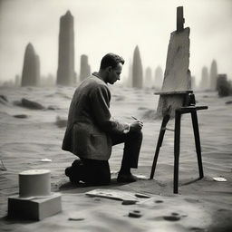 A male war artist from the 1920s, set up in a makeshift studio in the desert during World War I