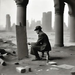 A male war artist from the 1920s, set up in a makeshift studio in the desert during World War I