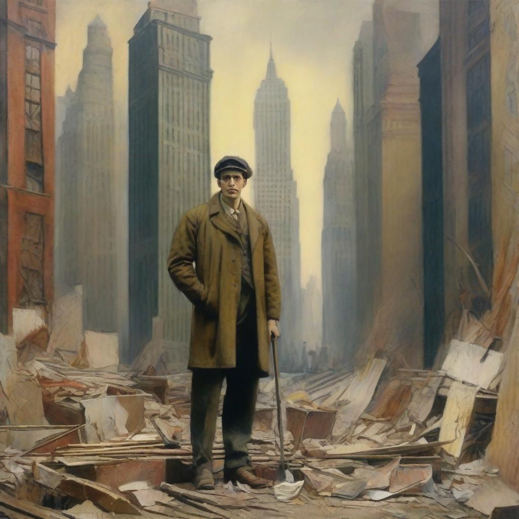A male war artist from the 1920s, standing in a makeshift studio amidst the chaos of World War I