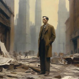 A male war artist from the 1920s, standing in a makeshift studio amidst the chaos of World War I